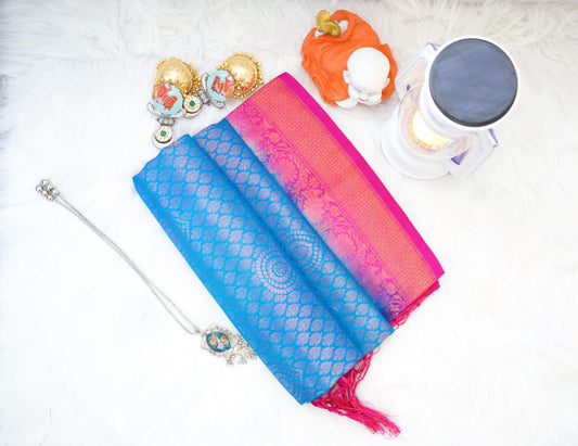 Ocean Rose Dual-Tone Malabari Soft Silk Saree with Floral Zari Weave