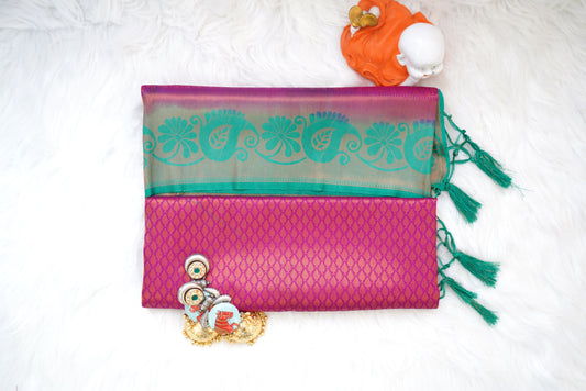 Lotus Bloom Malabari Soft Silk Saree in Magenta & Teal Green