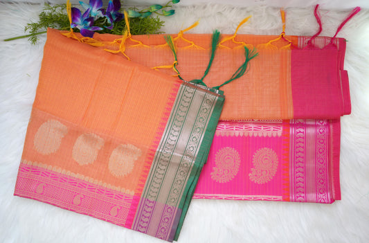 Sunrise Orange & Fuchsia Sico Gadwal Saree with Golden Paisley Motifs