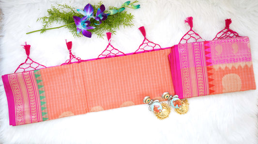 Sunburst Orange Sico Gadwal Saree with Fuchsia Tassel Pallu & Golden Circular Buttas