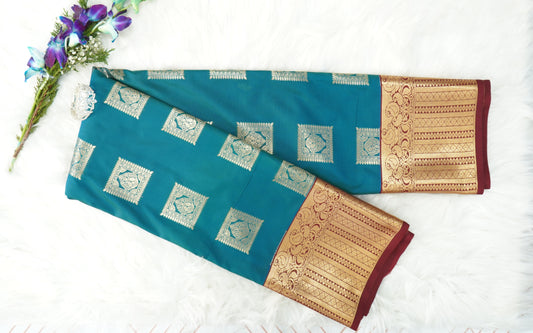 Teal Regal Bangalore Silk Saree with Golden Zari Square Buttas