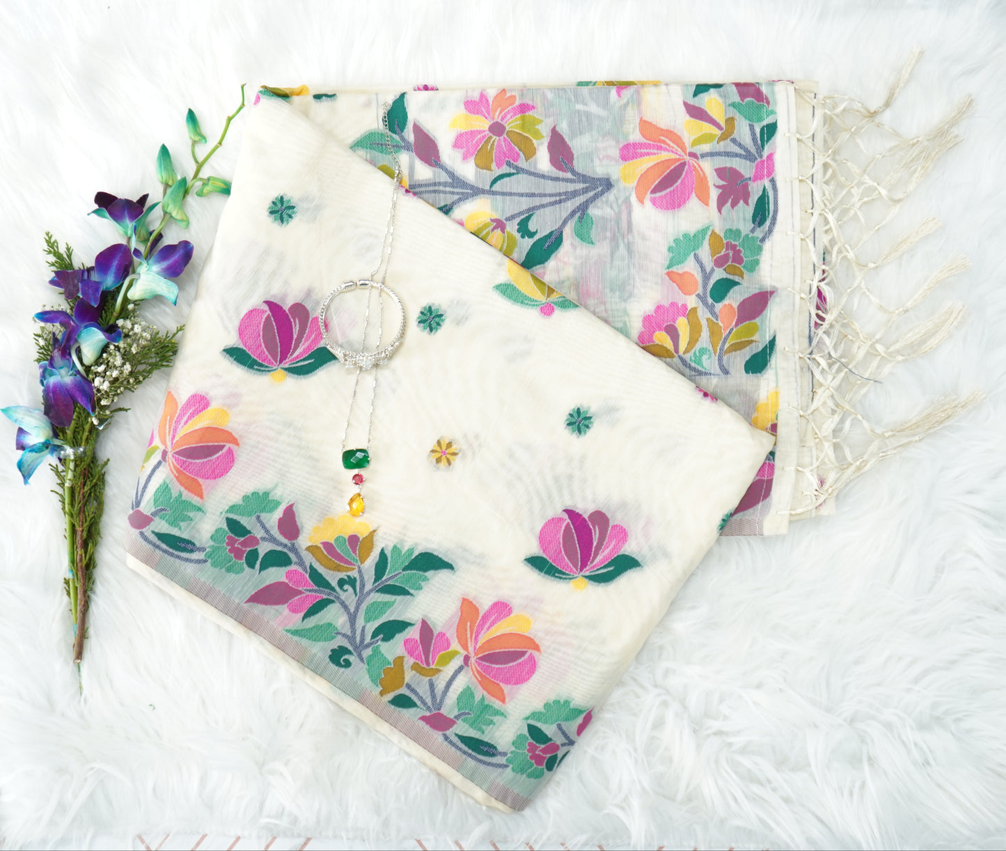 Whispering Blossoms Handloom Tussar Lota Saree with Multicolor Floral Motifs