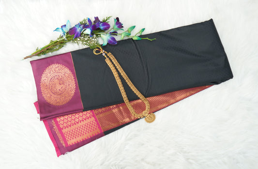 Midnight Bloom Bangalore Silk Saree with Golden Medallion Pallu & Fuchsia Temple Border