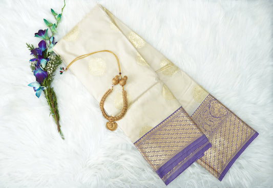 Serenity Cream Bangalore Silk Saree with Lavender Temple Border & Golden Medallion Buttas