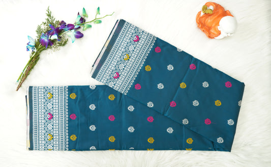 Ocean Jewel Handloom Bishnupuri Silk Saree with Multicolor Buttas & White Woven Border