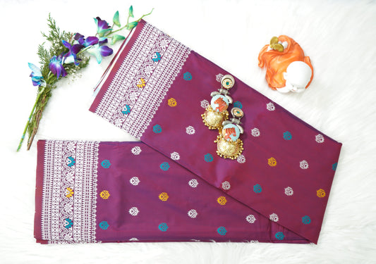 Wine Elegance Handloom Bishnupuri Silk Saree with Multicolour Buttas & Ivory Woven Border