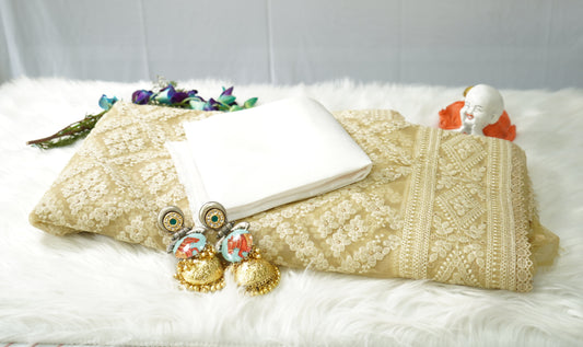 Ethereal Cream Organza Saree with Intricate Floral Embroidery & Scalloped Border