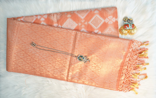 Coral Ikat Raw Silk Saree with Subtle Brocade & Tassel-Trimmed Pallu  SKU: SIS–RS–02798